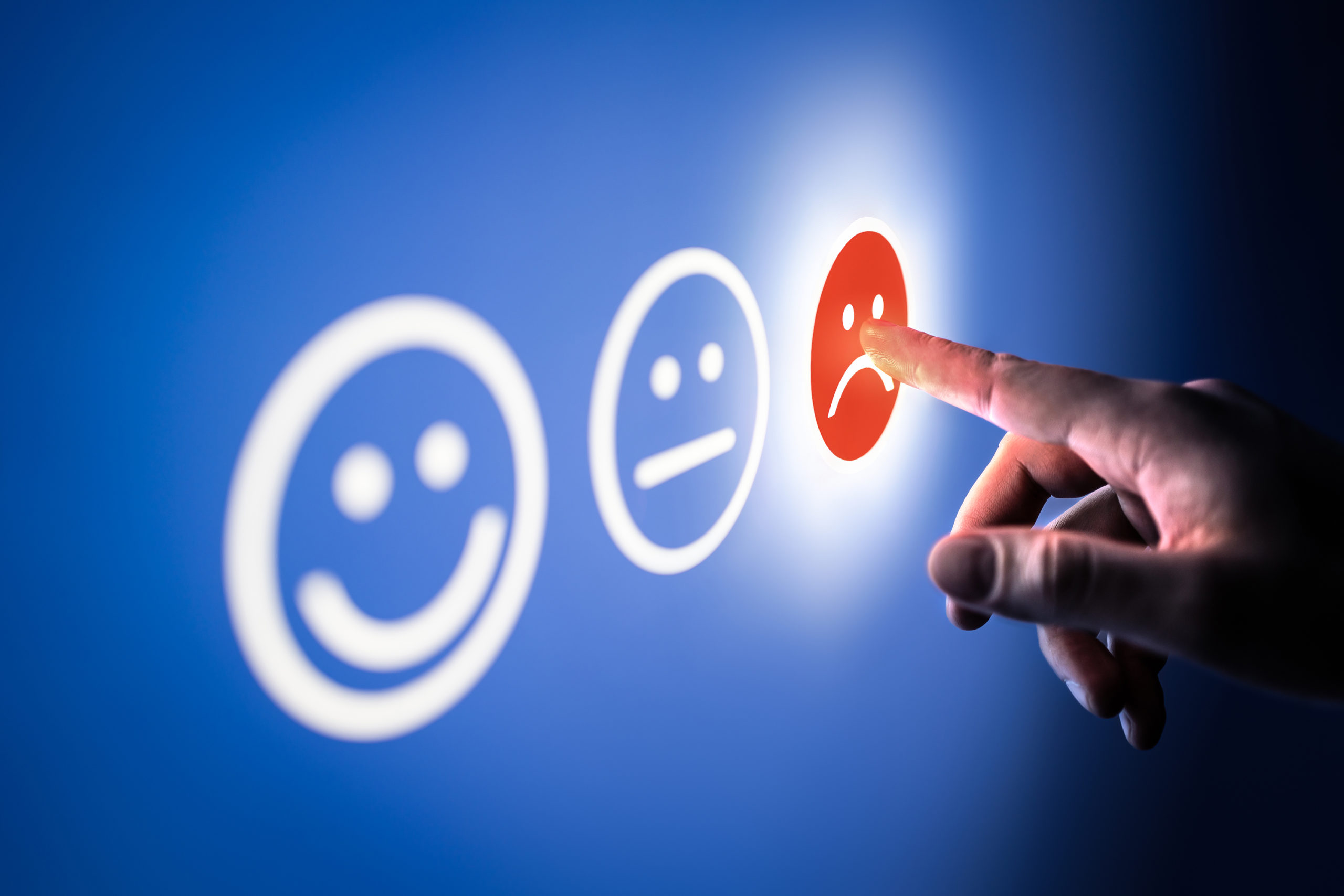 Bad review, negative customer feedback and complaint. Unhappy client complain. Survey, poll or questionnaire concept. Sad dissatisfied smile face. Low rank an rating.